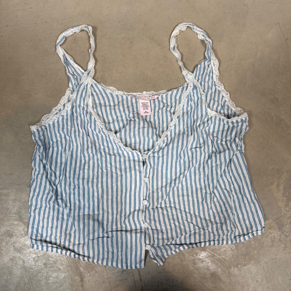 Victoria's Secret Blue White Striped Lace Trim Button Front Pajama Cami Top M